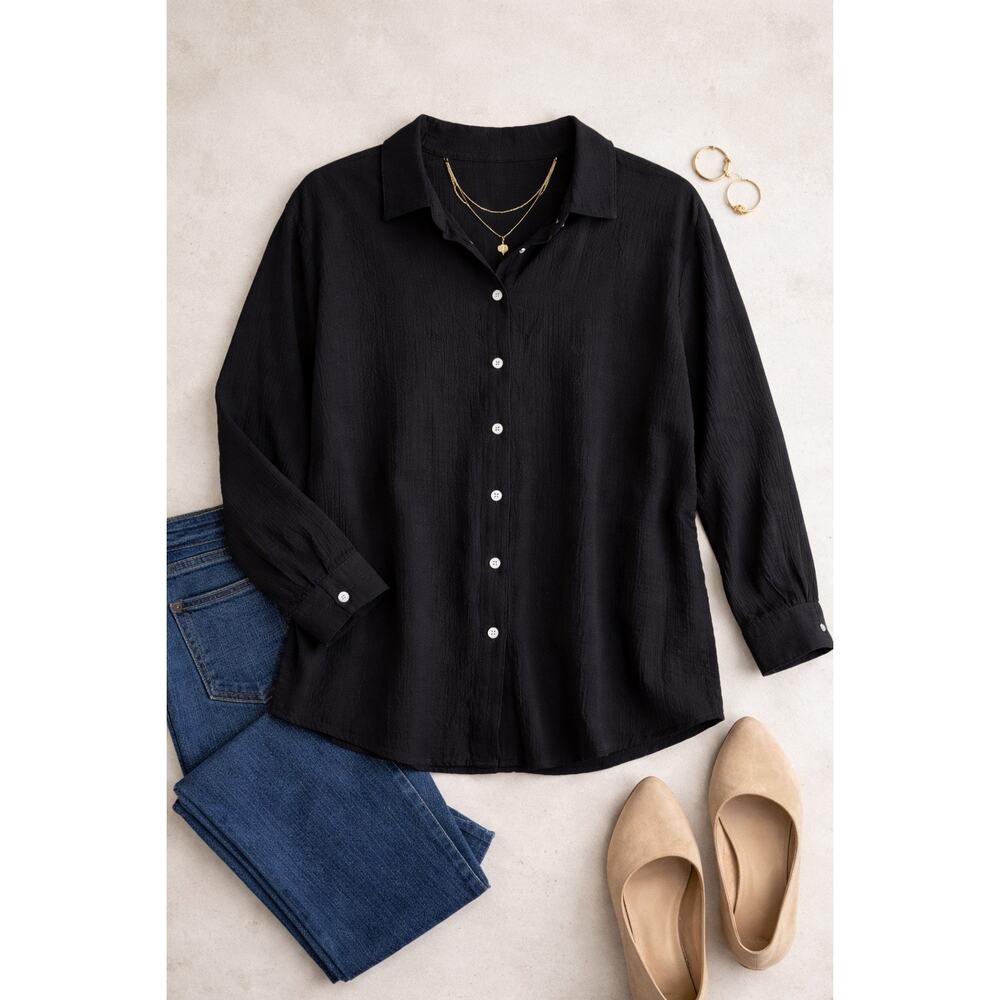 Black Button Front Blouse 2XL Long Sleeve Textured Stretch Top